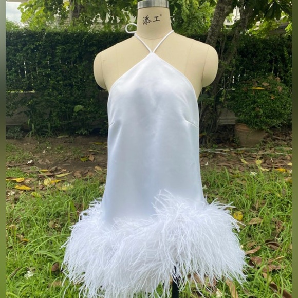 White halter mini dress with feathers - bridal party dress - Picture 1 of 9